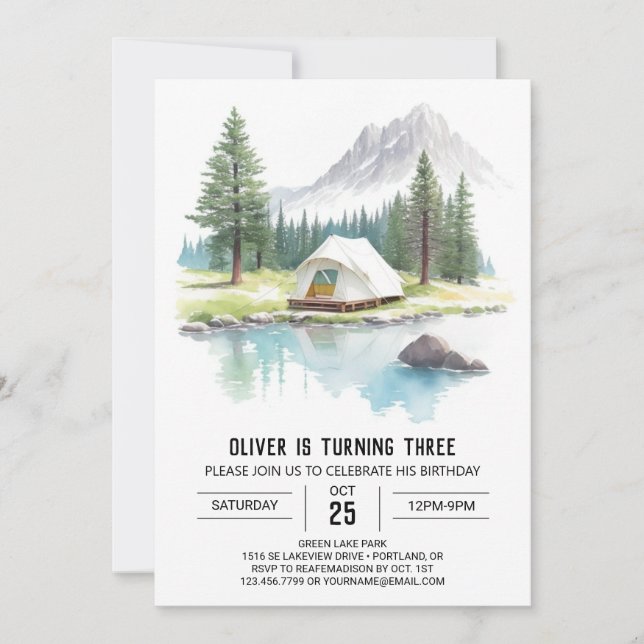 Watercolor Tent in the Pines Birthday Invitation (Front)