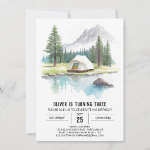 Watercolor Tent in the Pines Birthday Invitation