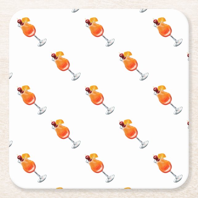 Watercolor Tequila Sunrise Cocktail Square Paper Coaster (Front)