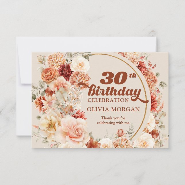 Watercolor terracotta burgundy blush 30th Birthday Thank You Card (Front)