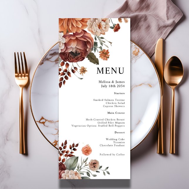 Watercolor Terracotta Floral White Wedding Menu (Watercolor Terracotta Floral White Wedding Menu

Other color options also available )
