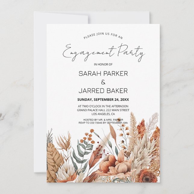 Watercolor Terracotta Flowers Engagement Invitation (Front)