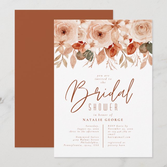 Watercolor Terracotta Flowers Fall Bridal Shower Invitation (Front/Back)