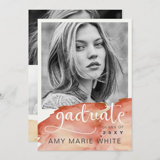 Watercolor Terracotta Script Photo Graduation Invitation (Front/Back)