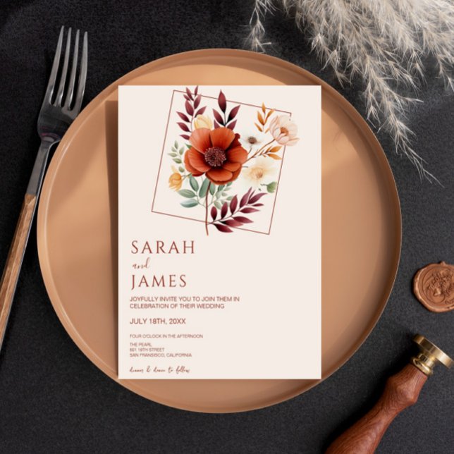 Watercolor Terracotta Wildflower Modern Wedding Invitation (Creator Uploaded)