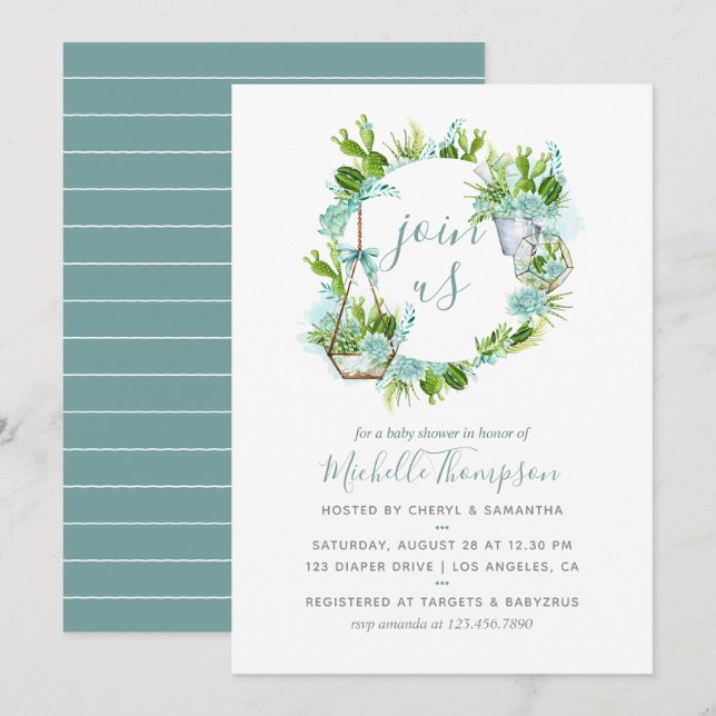 Watercolor Terrarium Succulent Boy Baby Shower Invitation (Front/Back)