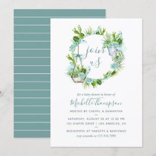 Watercolor Terrarium Succulent Boy Baby Shower Invitation