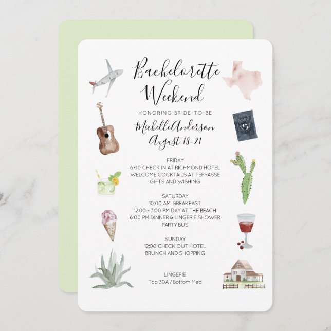 Watercolor Texas Bachelorette Weekend Itinerary Invitation (Front/Back)