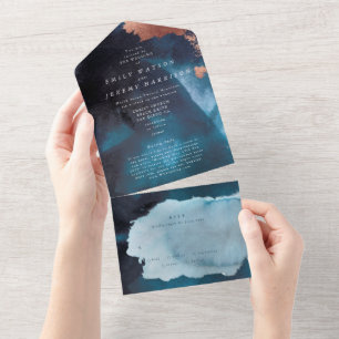 Watercolor Texture Moody Rose Gold Navy Wedding All In One Invitation