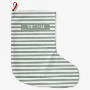 Watercolor Texture Sage Green Stripes Personalised Large Christmas Stocking