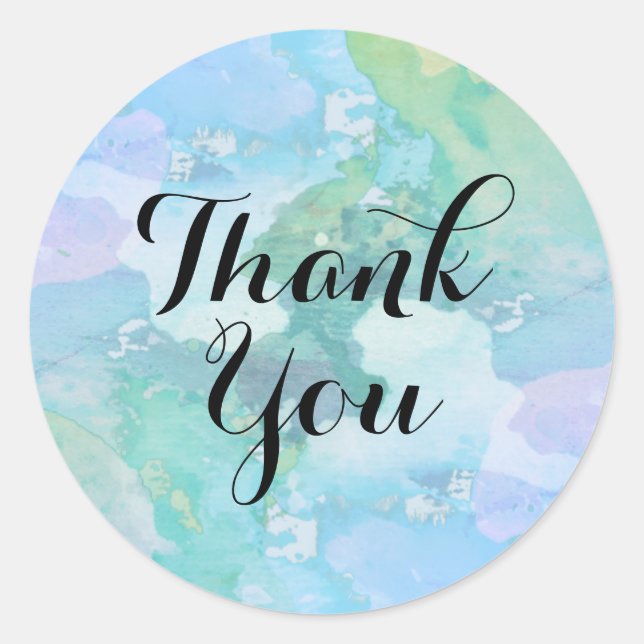 Watercolor Thank You Beach Teal Splatter Classic Round Sticker (Front)