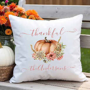 Watercolor Thankful Autumn Fall Pumpkin Floral Cushion
