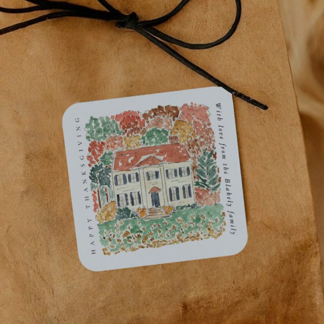 Watercolor Thanksgiving Autumnal Georgian House Square Sticker (Watercolor Thanksgiving Autumnal Georgian House Square Sticker)