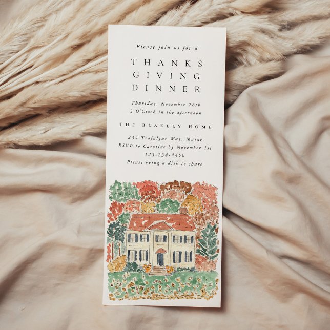Watercolor Thanksgiving Dinner Georgian House Invitation (Watercolor Thanksgiving Dinner Georgian House Invitation)