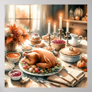 Watercolor Thanksgiving dinner scene Poster