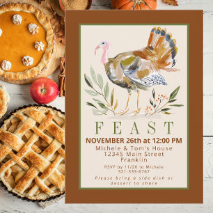 Watercolor Thanksgiving Feast Turkey Foliage Invitation