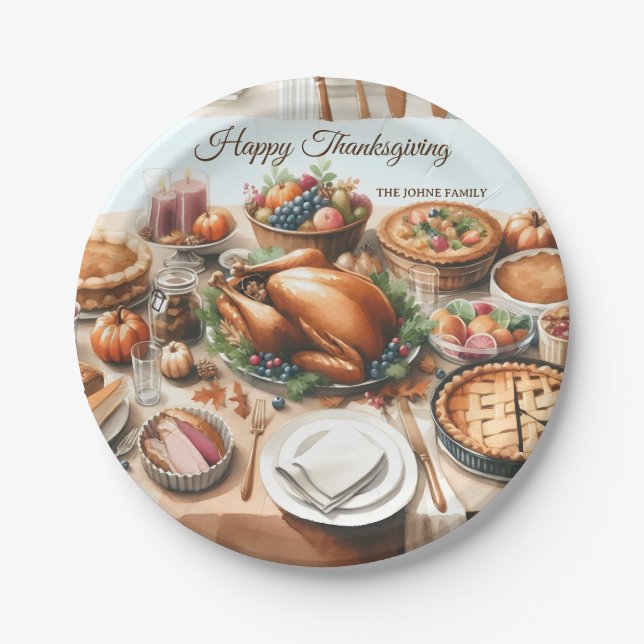Watercolor Thanksgiving Illustration Paper Plate (Front)