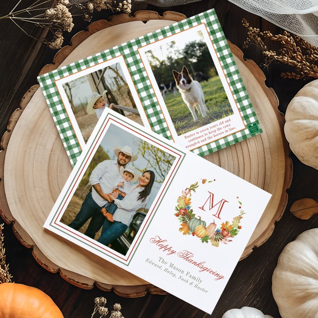 Watercolor Thanksgiving Monogram Wreath Photo Holiday Card (Creator Uploaded)