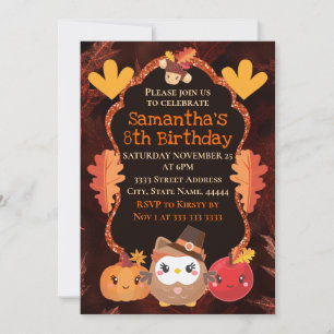 Watercolor Thanksgiving Owl and Pumpkin Birthday Invitation