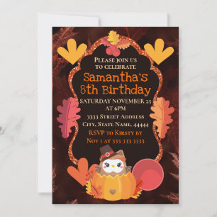 Watercolor Thanksgiving Owl and Pumpkin Birthday Invitation