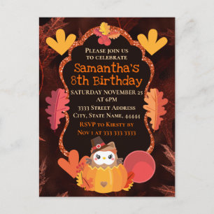 Watercolor Thanksgiving Owl and Pumpkin Birthday Postcard