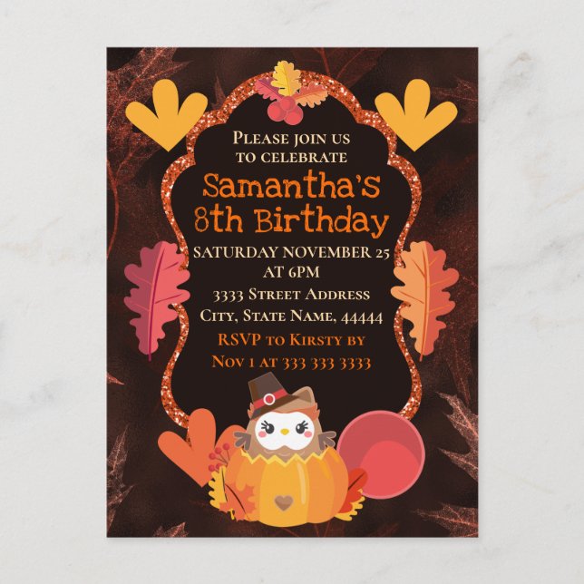 Watercolor Thanksgiving Owl and Pumpkin Birthday Postcard (Front)