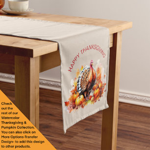 Watercolor Thanksgiving Turkey and Pumpkins  Long Table Runner