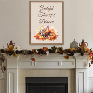Watercolor Thanksgiving Turkey and Pumpkins  Photo Print