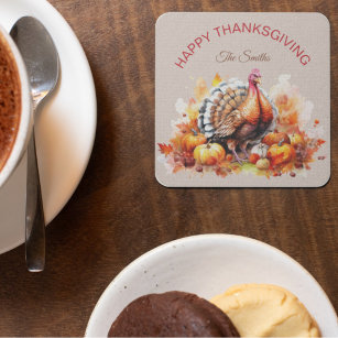 Watercolor Thanksgiving Turkey and Pumpkins  Square Paper Coaster