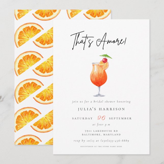 Watercolor That's Amore Spritz Bridal Shower Invitation (Front/Back)