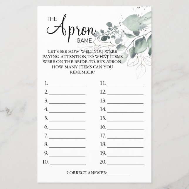 Watercolor  The Apron Bridal shower game card (Front)