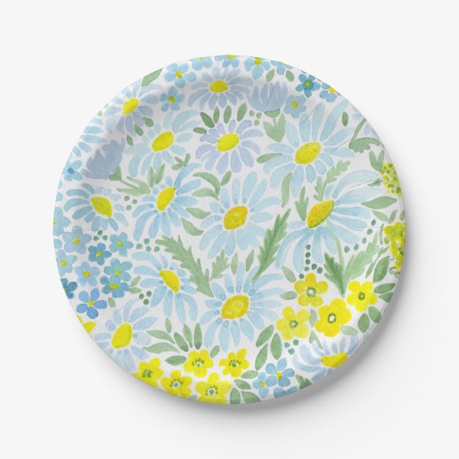 Watercolor . The flowers of the field . Chamomile  Paper Plate (Front)