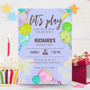 Watercolor Theme Pickleball Blue Birthday Party Invitation