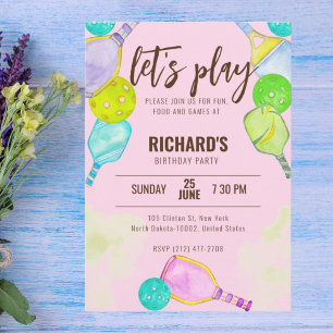 Watercolor Theme Pickleball Pink Birthday Party Invitation