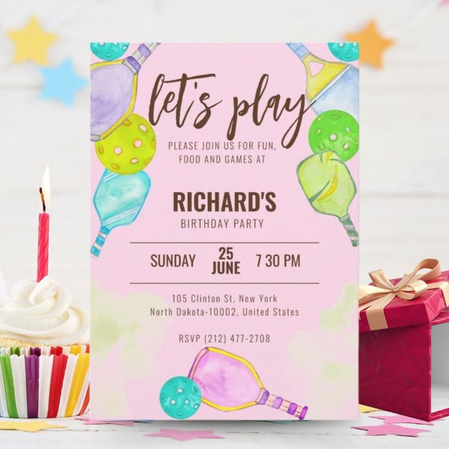 Watercolor Theme Pickleball Pink Birthday Party Invitation (Creator Uploaded)