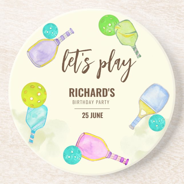 Watercolor Theme Pickleball Sports Birthday Party Coaster (Front)