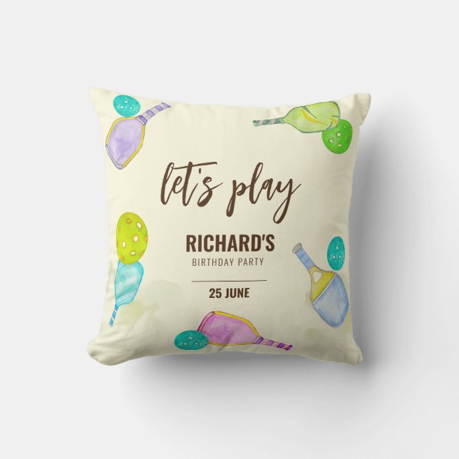Watercolor Theme Pickleball Sports Birthday Party Cushion (Front)