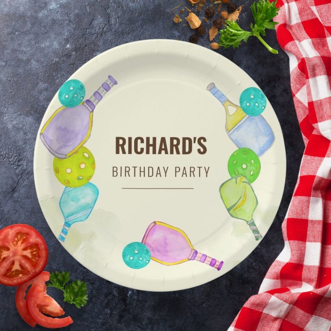 Watercolor Theme Pickleball Sports Birthday Party Paper Plate (Creator Uploaded)