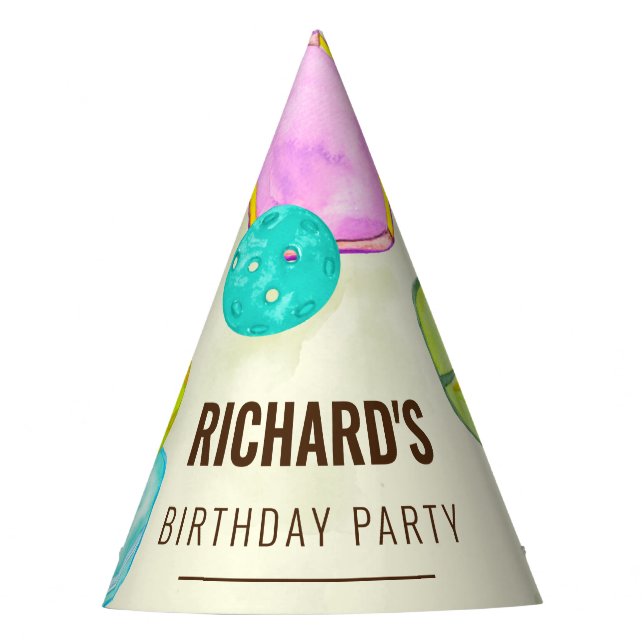 Watercolor Theme Pickleball Sports Birthday Party Party Hat (Front)