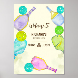 Watercolor Theme Pickleball Sports Birthday Party Poster