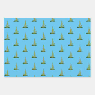Watercolor Themed Christmas Tree Pattern Gift Wrapping Paper Sheet