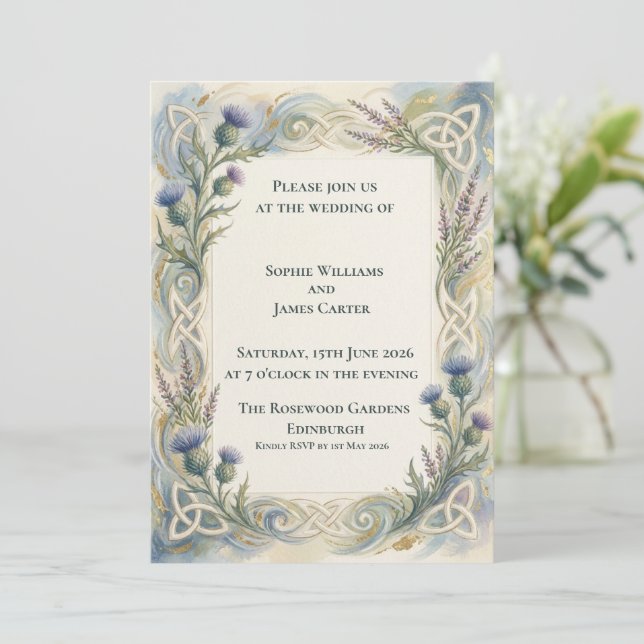 Watercolor Thistle Wedding Invitation (Standing Front)