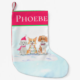 Watercolor Three Cute Dogs Ready For Christmas Small Christmas Stocking