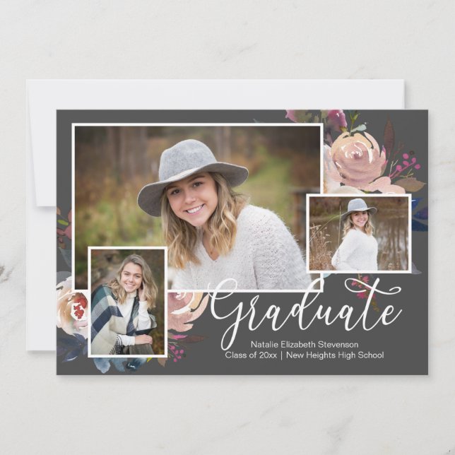 Watercolor Three Photo Floral Graduation Party Invitation (Front)