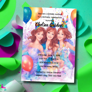 Watercolor Three Young Girls Celebrating Birthday Invitation