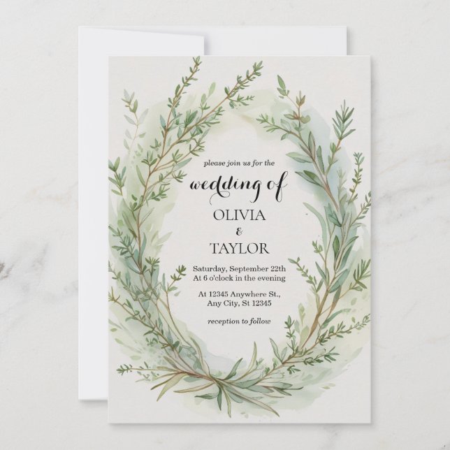 Watercolor Thyme Rosemary Sprig Wreath Wedding Invitation (Front)
