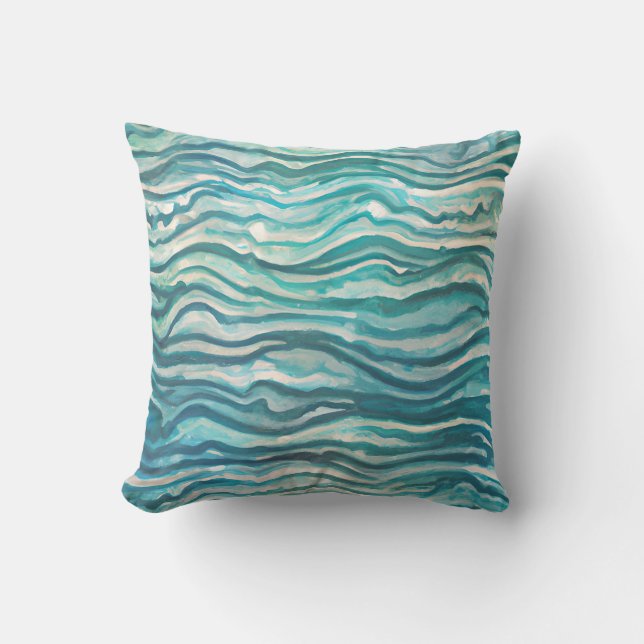 Watercolor Tide - Crashing Waves Teal Cushion (Front)