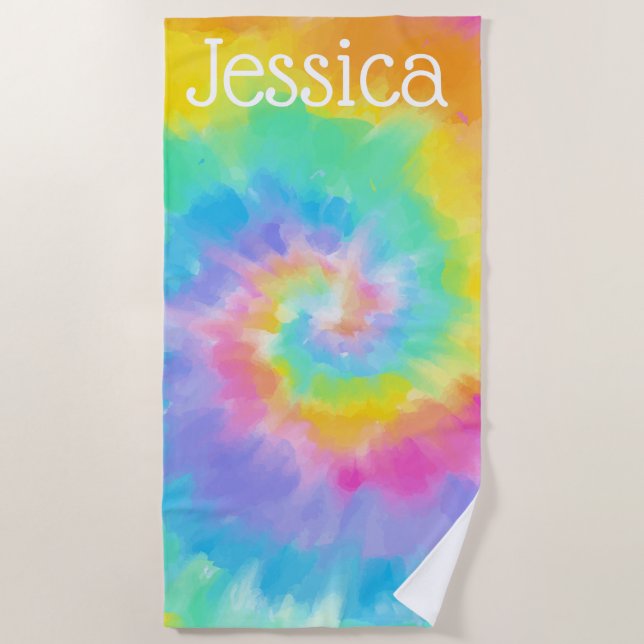 Watercolor Tie Dye Custom Name Beach Towel (Front)