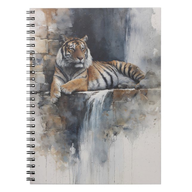 Watercolor Tiger Ancient Stone Waterfall Art Notebook (Front)