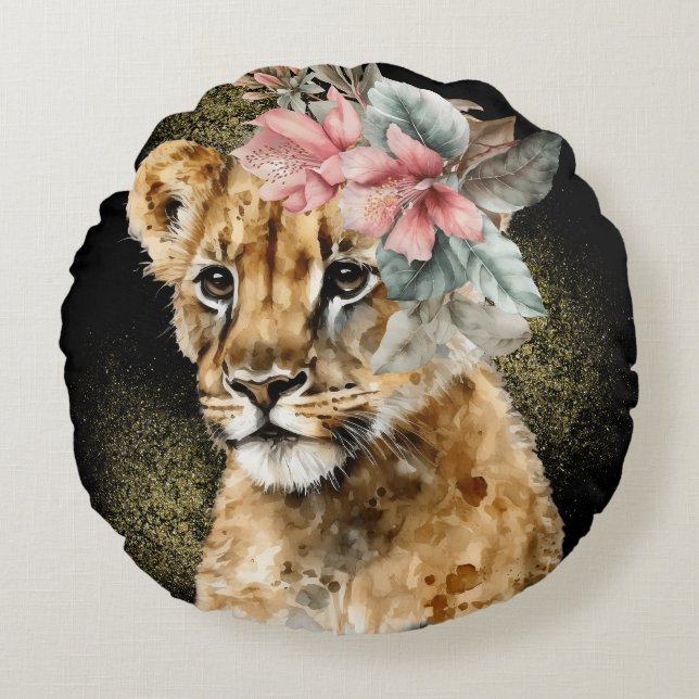 Watercolor Tiger Floral Art Round Cushion (Front)